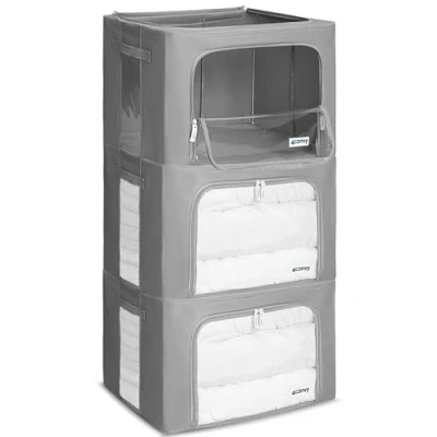 Afbeelding van 4CONVY Starre opvouwbare kledingopbergbox met ritssluiting metalen frame opbergtas voor dekbedden kleding beddengoed stabiele opbergdoos stapelbare kledingdoos 3x66L