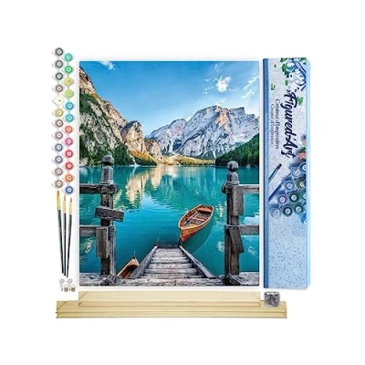 Afbeelding van Figured&#039;Art Schilderen op Nummer Volwassenen canvas Boot het bergmeer Handwerk acrylverf Kit DIY Compleet 40x50cm met houten lijst