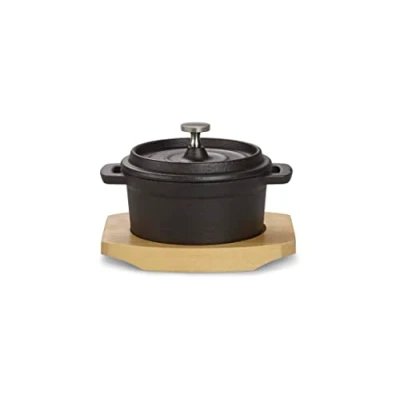 Afbeelding van ECHTWERK Gietijzeren kookpan, mini kookpan met serveerplank, kleine braadpan, al ingebrand, geschikt voor oven, grill, BBQ en inductie, ideaal koken serveren, 250 ml