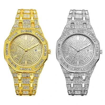 Afbeelding van JewelryWe Herenhorloge met glanzende zirkoon kalender, achthoekige wijzerplaat, Armband van roestvrij staal, kleur goud/zilver, 2 Stukken,