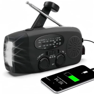 Afbeelding van Draagbare zonne radio met weer AM/FM/NOAA, handslinggenerator, 2000 mAh oplaadbare powerbank, USB oplader voor mobiele telefoons, led zaklamp, noodgevallen, camping, engel (zwart)