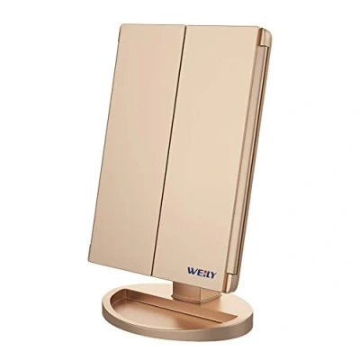 Afbeelding van WEILY make upspiegel met verlichting, 1X/2X/3X vergroting, opvouwbare ledverlichting en touchscreen, tafelspiegel, ondersteuning USB batterij (goud)