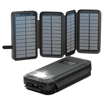 Afbeelding van Solar powerbank 26800mAh, elzle Zonneoplader met 2 USB A Uitgang &amp; 1 C Ingang, Outdoor Waterdichte Externe Batterij Pack 4 Solarpanels en Zaklamp voor Smartphones Tablets Kamperen