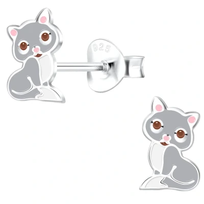 Afbeelding van JoyS Zilveren kat poes oorbellen 5 x 8 mm grijs met roze oortjes kinderoorbellen