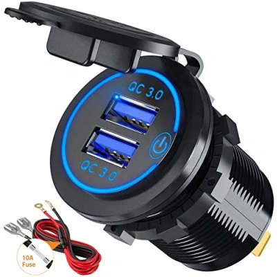 Afbeelding van QC3.0 dubbele USB contactdoos voor auto‘s, met aanraakschakelaar, 12 V/24 V, 36 W, 2 poorts batterijoplader, waterdicht, led display