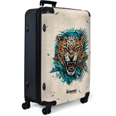 Afbeelding van NoBoringSuitcases.com® Koffer groot Reiskoffer lichtgewicht Beige met jaguar Rolkoffer 4 wielen Grote trolley XL 98 liter bagage
