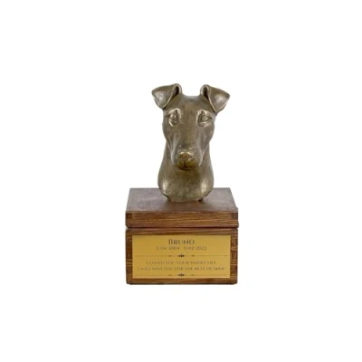 Afbeelding van Fox Terrier Smooth persoonlijke urn hond met hondenstandbeeld voor as