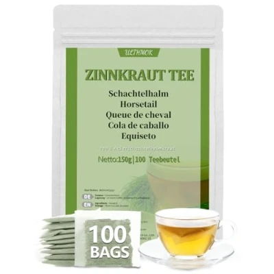 Afbeelding van Paardenstaart theezakjes 100 ct, gemaakt met 100% wild natuurlijk paardenstaartkruid, geen toevoegingen en cafeïnevrij.
