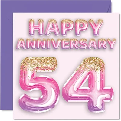 Afbeelding van Mooie 54e verjaardag kaart voor vrouw vriendin man vriendje roze paarse glitter ballonnen gelukkige 54 jubileumkaarten van familie, 145mm x wenskaarten vijftigvierde jubilea