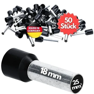 Afbeelding van Kalitec AE2518SW adereindhulzen, geïsoleerd, 25 mm², 18 mm lang, zwart, Made in Germany, industriële kwaliteit, 50 stuks