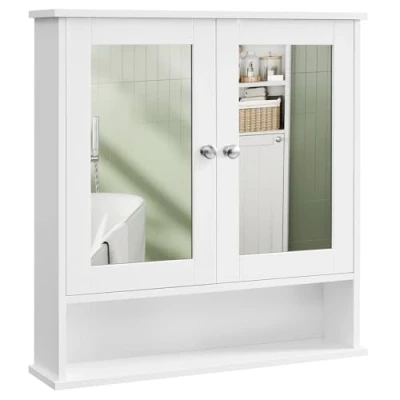 Afbeelding van VASAGLE Wandkast, badkamerkast, opbergkast, hangkast, 2 spiegeldeuren en open vak, verstelbaar rek, 15 x 65 75 cm, wit LHC012W01