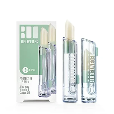 Afbeelding van BELWEDER 2 x beschermende lippenbalsems met aloë vera, vitamine E, katoenolie bescherming, hydratatie en regeneratie van de lippen transparante lippenbalsem voor mannen vrouwen sticks 3,5 g