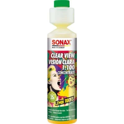 Afbeelding van SONAX KlarSicht 1:100 concentraat Lemon Rocks (250 ml) ruitenreiniger verwijdert in enkele seconden insecten, vuil, verblindings en smeerfilms art.nr. 03701410
