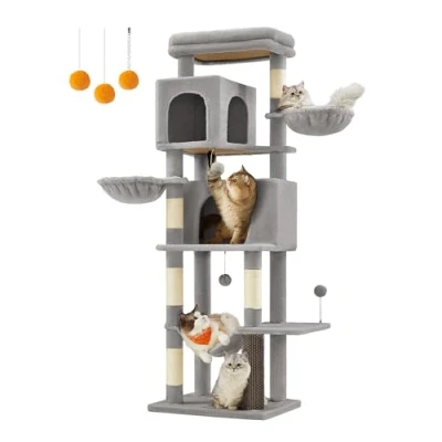Afbeelding van Feandrea Grote krabpaal, 175 cm hoog, XL krabpaal met meerdere niveaus, 2 holen, verstelbare gaten, 5 krabpalen, kattenborstel, groot platform, duifgrijs PCT182G01
