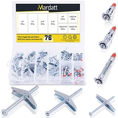 Afbeelding van Mardatt 76 stuks 1/8&quot; 3/16&quot; 1/4&quot; tuimelbout en Molly Bolt holle muur anker assortiment kit, verzinkt staal dunne vleugelbout verschillende maten voor gipsplaten