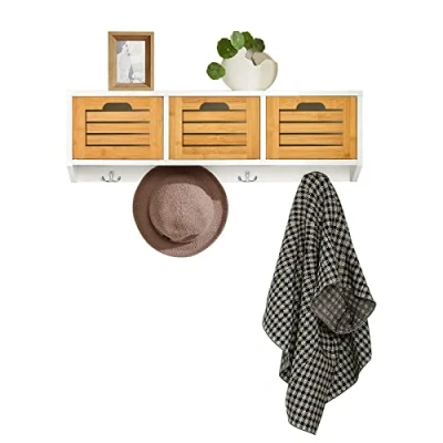 Afbeelding van SoBuy Kapstok Wandplank Hal Kapstokhaken Hangplank Garderobe met 3 Manden en 4 Haken 80x20x25 cm, FHK19 WN