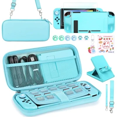 Afbeelding van Younik Schakelaar Accessoires Bundel, 15 in 1 Kit voor Meisjes Inclusief Draagtas met 9 Game Kaartsleuven, Verstelbare Stand, Beschermhoes Schakelconsole &amp; J Con(blauw)