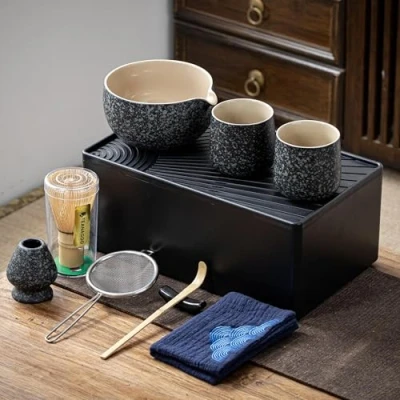 Afbeelding van TEANAGOO Matcha Kit + 2 kopjes met opbergdoos, 12 delige theeset voor op reis, keramische kom (18oz), beker (7,2oz), bamboe garde (17E本立), zeef, WS1, steenkool grijs