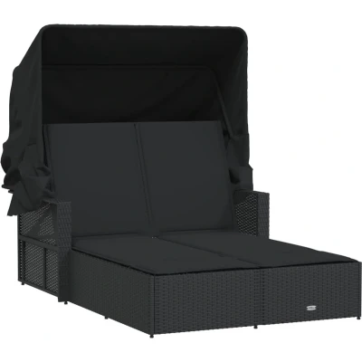 Afbeelding van Ligbed 2 persoons met luifel en kussens poly rattan zwart