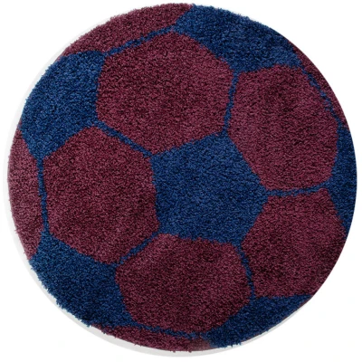 Afbeelding van Fun Voetbal Kinderkamer Vloerkleed Hoogpolig Blauw Paars 100 cm rond