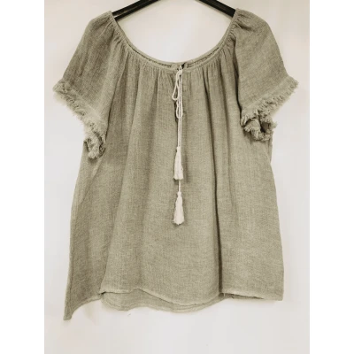 Afbeelding van Boho top van linnen met raglan mouwen ronde hals strikje loze zomer kleur TAUPE maat 40/42