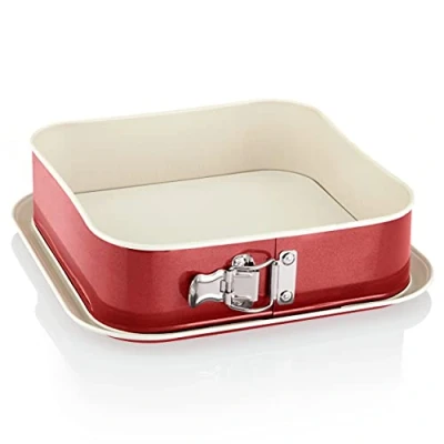 Afbeelding van Springvorm, vierkante bakvorm 24x24 cm, rood crème, met lekbescherming, anti aanbaklaag, hoge, taartvorm