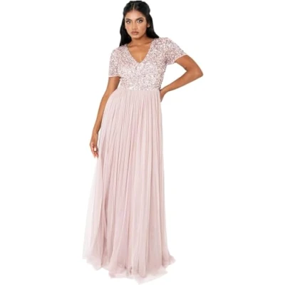 Afbeelding van Maya Deluxe Damesjurk voor bruiloftsgast, grote maten, Empire hoge taille, pailletten, korte mouwen, avondbruidsmeisje, Frosted Roze, 36
