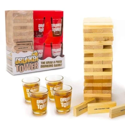 Afbeelding van Original DrunkenTower® Infernal Tower with Tows Premium Quality 60 Wooden Blocks 4 Shot Glasses Drinking Game Aperitif Party OriginalCup®…