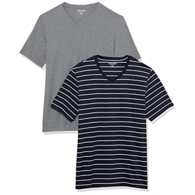 Afbeelding van Amazon Essentials Heren Regular Fit T shirt met korte mouwen en V hals (verkrijgbaar in Big &amp; Tall), pak van 2, grijs heather/navy streep, medium