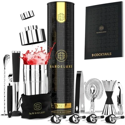 Afbeelding van BarDeluxe® Cocktail Set 12 Delig, Shaker 750 ml Cocktailshaker Roestvrij Staal Inclusief Luxe Geschenkdoos, Opbergtasje &amp; Receptenboek (Zilver)