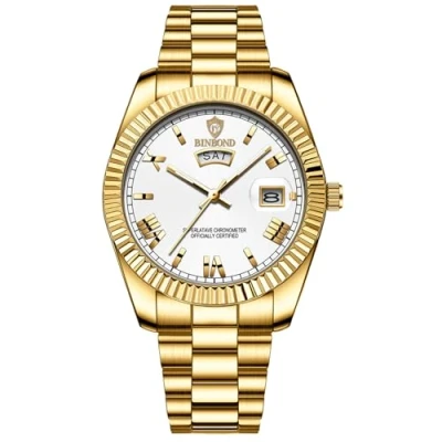 Afbeelding van JewelryWe Herenhorloge roestvrij staal oplichtend horloge: 30 m waterdicht week datum kalender analoog kwarts polshorloge heren gouden roestvrijstalen armband horloge met lichtgevende wijzers &amp; witte