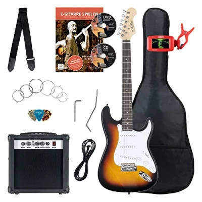 Afbeelding van Rocktile ST Pack Elektrische Gitaar Sunburst E elektrisch met 3 Single Coil pickups Set Gitaarversterker, Gitaarsnaren, tuner, Riem, Gitaartas, Stemapparaat en Kabel