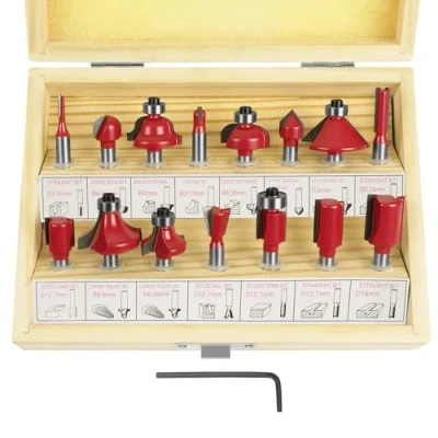 Afbeelding van flintronic® Freesset 6,35mm, 1/4&quot; 15 delige frezen gereedschap set, wolfraamcarbide hardmetalen frezenset, houtbewerking gereedschapsset voor hout bovenfrees houtsnijder zwarte kunststof doos