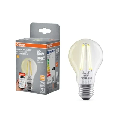 Afbeelding van OSRAM SMART+ LED lamp, A60, 6W, 2700K, E27, bolvormig, filament, helder, dimbaar, bedienbaar met app of spraakassistent, compatibel Matter