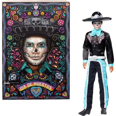 Afbeelding van Barbie Kenmerkende Barbiepop, 2024 Día De Muertos Ken Verzamelobject in Zwart pak met Hemelsblauwe accenten, Hoed en Riemaccessoires, HRM73