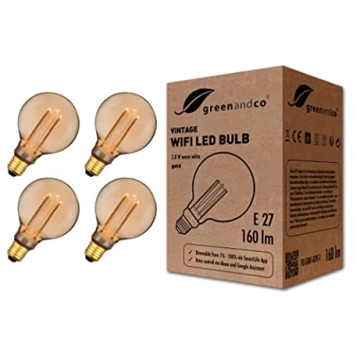 Afbeelding van 4x greenandco® WiFi smart LED lamp met app (geen hub nodig) Vintage Design E27 G95, 3,8W 160lm 1800K 320 230V, geen flikkering, dimbaar, compatibel Alexa en Google Assistant