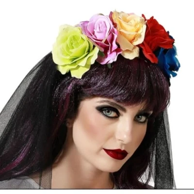 Afbeelding van Halloween/horror verkleed diadeem/tiara/bloemenkransA  zombie/heks/day of the dead dames/meisjes Verkleedhoofddekse