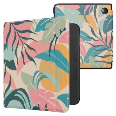 Afbeelding van kwmobile E reader hoesje geschikt voor Kobo Libra 2 hoes flip case met magnetische sluiting Ereader cover Tropische jungle design in poederroze / geel groen