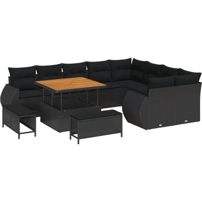 Afbeelding van vidaXL 12 delig tuinbank set met kussens zwart poly riet acacia