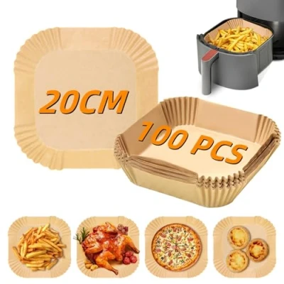 Afbeelding van 100 stuks bakpapier voor de Airfryer, ELEPRUC oliebestendig Airfryer 20 cm, vierkante papieren bakvormpjes, antiaanbak bakvormpjes 4,5 8 liter, oven en grill
