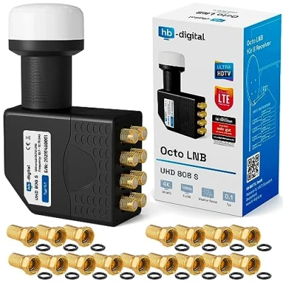 Afbeelding van hb Digital Single LNB (test zeer goed *) LNC hoofd 1 deelnemer Direkt LTE Protected Satelliet Full HD TV 3D 4K UHD contacten verguld weerbestendig wit + 2x F stekker