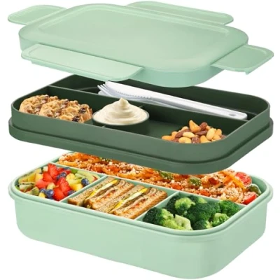 Afbeelding van Sinnsally bento Box Lunchboxen, 2000 ml grote lunchbox voor volwassenen kinderen, stapelbare Japanse met 8 compartimenten, lekvrije maaltijdbereidingscontainer bestekset, magnetron