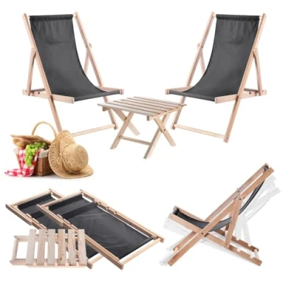 Afbeelding van KADAX Klaptafel met 2 ligstoelen, kleine tuintafel van hout, bijzettafel voor balkon en tuin, koffietafel, balkontafel inklapbaar (donkergrijs)
