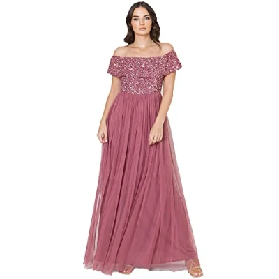 Afbeelding van Maya Deluxe Vrouwen Dames Bardot Jurk Maxi Verfraaid Hight Empire Taille Mouwloze Tule Voor Bruiloft Gast Prom Afstuderen Bruidsmeisje, Woestijnroos, 34