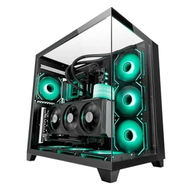Afbeelding van MARSGAMING MC 3C, Gaming ATX Gehäuse, 3D Panoramablick mit Dreifach gehärtetem Glas, Seitliches Doppelkammer Design, Vollständige Unterstützung Wasserkühlung, Mid Tower PC Kabelmanagement, Zwart