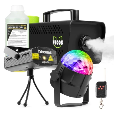 Afbeelding van Partyset met F500 rookmachine 1 liter rookvloeistof discolamp en