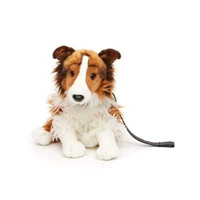 Afbeelding van Uni Toys Langhaarcollie met riem, zittend gezicht wit bruin 27 cm (hoogte) pluche hond, collie, huisdier dier, knuffeldier