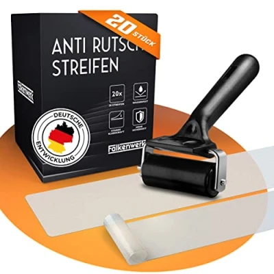Afbeelding van FALKENWERK Antislipstrip voor trappen (20 stuks), zelfklevende en transparante antislipstrip, 12 x 75 cm, waterdichte antislip trap met spatelroller