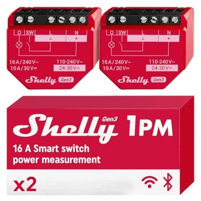 Afbeelding van Shelly 1PM Gen3, 2 stuks, WLAN relaisschakelaar met stroommeting, 16 A, lichtbesturing, Alexa Google Home, mat compatibel, iOS Android app, geen hub nodig