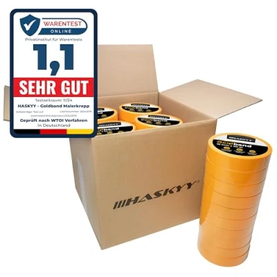 Afbeelding van HASKYY Afplakband schilderstape maskeertape 50 rollen 25mm x 50m voor schilders en autospuiters Multifunctionele, sterke, zelfklevende tape met scherpe rand verwijder residu vrij